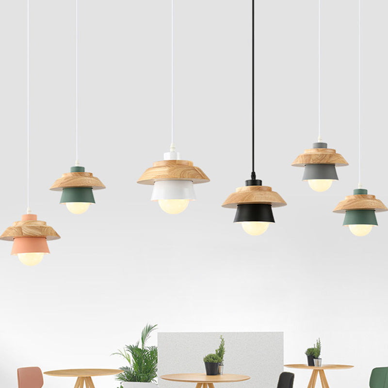 Nordic Saucer Dining Room Lamp - Metal And Wood Pendant Light