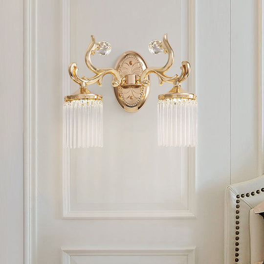 Vintage Crystal Wall Light With Gold Curved Arm & 1/2 Bulbs For Clear Pipe Lighting