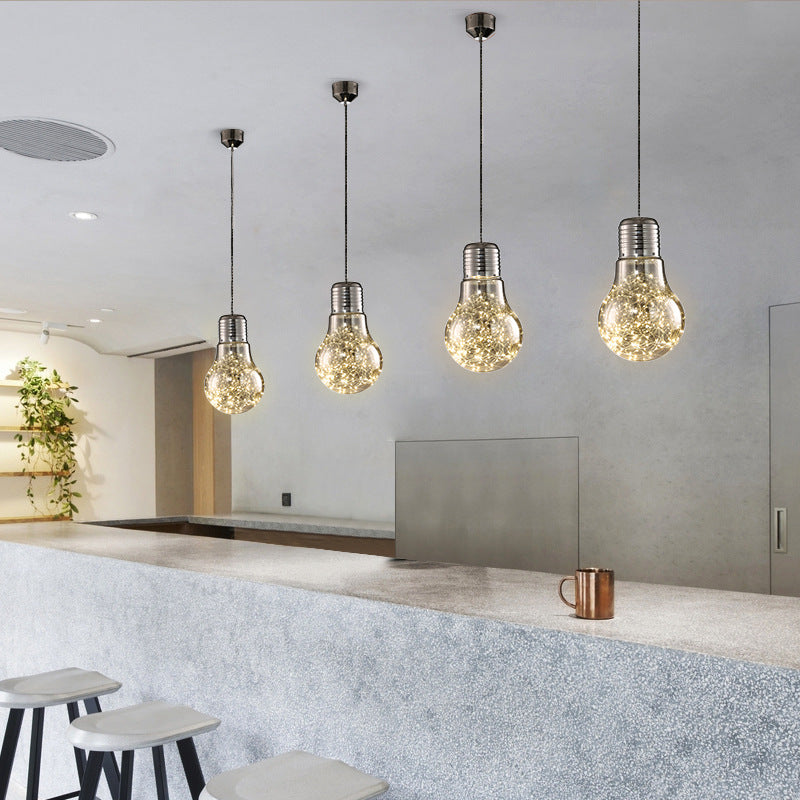 Metal Pendant Light With Starry Led String And Glass Shade For Bar