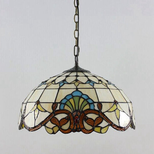 Tiffany 1-Light Beige Stained Glass Dome Pendant – Elegant Suspension Lighting For Dining Room