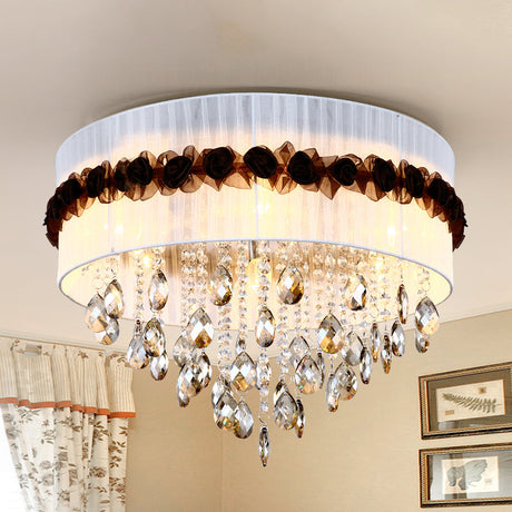 Vintage 6-Light Circle Flushmount With Crystal Bead Decoration - White Fabric Bedroom Ceiling Light