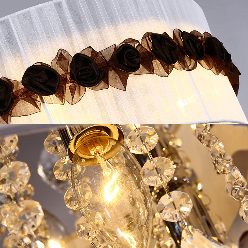 Vintage 6 - Light Circle Flushmount With Crystal Bead Decoration - White Fabric Bedroom Ceiling