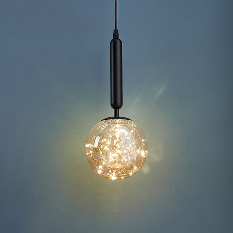 Amber Glass Ball Pendulum Light - Nordic Style Led Hanging Pendant Black / Warm