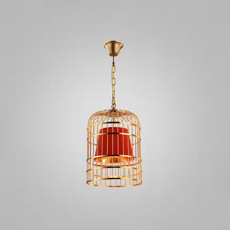 Gold Plated Birdcage Hanging Lamp - Country Metal Ceiling Light With Cone Shade Red / 12’