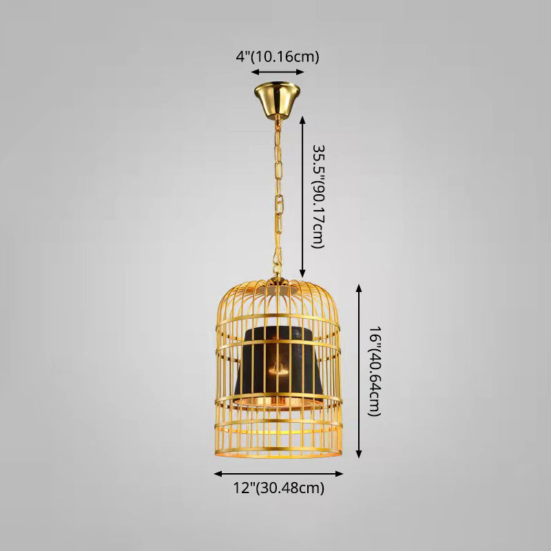 Gold Plated Birdcage Hanging Lamp - Country Metal Ceiling Light With Cone Shade