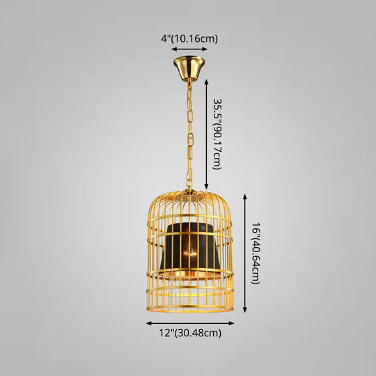 Gold Plated Birdcage Hanging Lamp - Country Metal Ceiling Light With Cone Shade