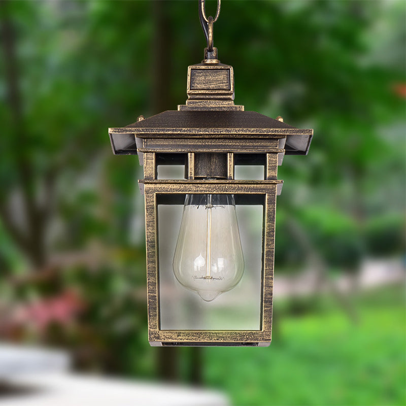 Industrial Lantern Hanging Pendant Lamp - Metal & Clear Glass 1 Light Outdoor Porch Lighting In