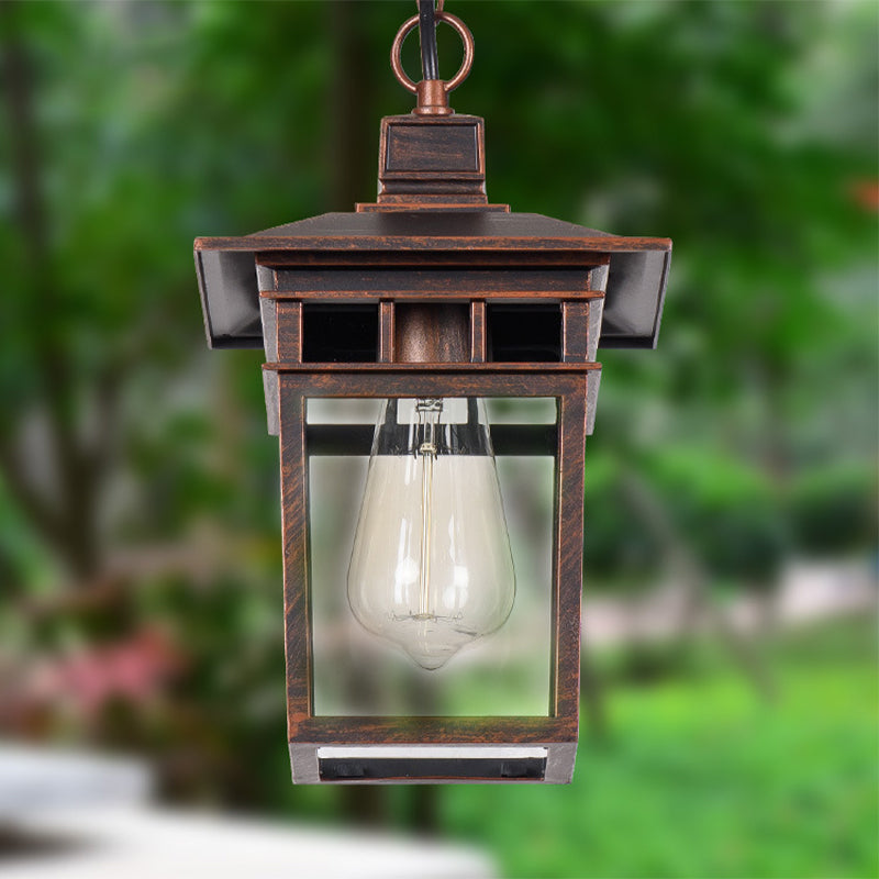 Industrial Lantern Hanging Pendant Lamp - Metal & Clear Glass 1 Light Outdoor Porch Lighting In