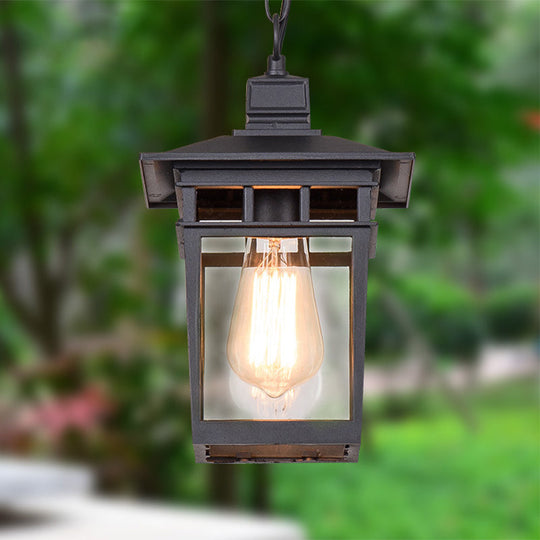 Industrial Lantern Hanging Pendant Lamp - Metal & Clear Glass 1 Light Outdoor Porch Lighting In