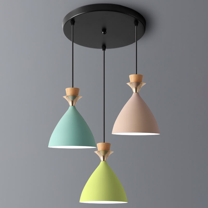 Colorful Macaroon Pendant Light With Adjustable Wire - Green Pink And Yellow 3-Light Cluster Cone