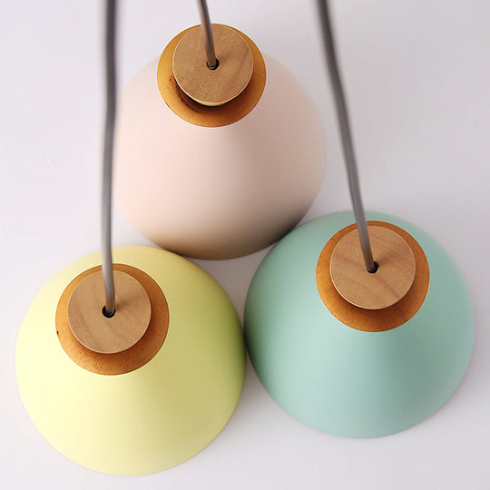 Macaroon 3-Light Cluster Pendant: Vibrant Green Pink And Yellow Cone Metal Shade Hanging Light With