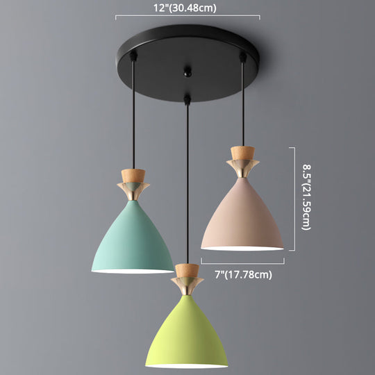 Macaroon 3-Light Cluster Pendant: Vibrant Green Pink And Yellow Cone Metal Shade Hanging Light With