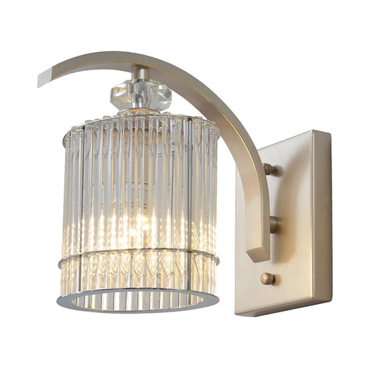 Modern Gold Wall Mounted Lamp With Clear Crystal Shade- 1 Head Cylindrical Design