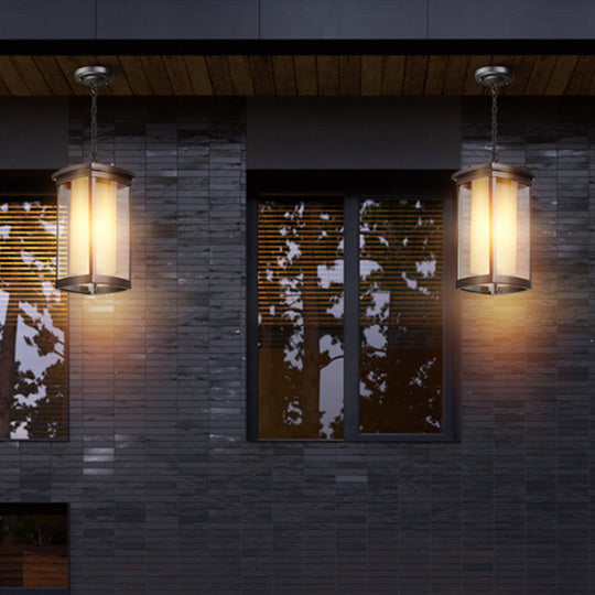 Black Outdoor Pendant Light With Double Glass Shade For Courtyard - 1 Various Widths