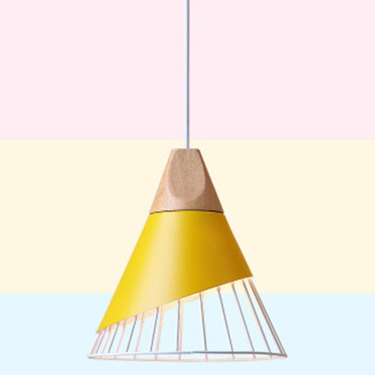 Nordic Solid Wood Macaroon Pendant Lamp With Iron Hollow Shade For Bedroom Yellow