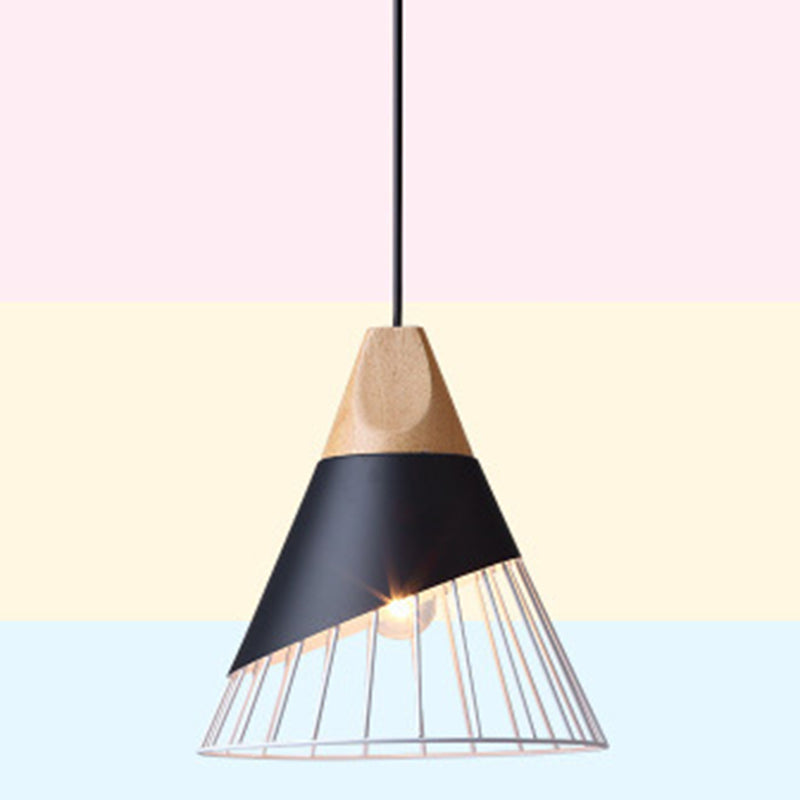 Nordic Solid Wood Macaroon Pendant Lamp With Iron Hollow Shade For Bedroom Black-White