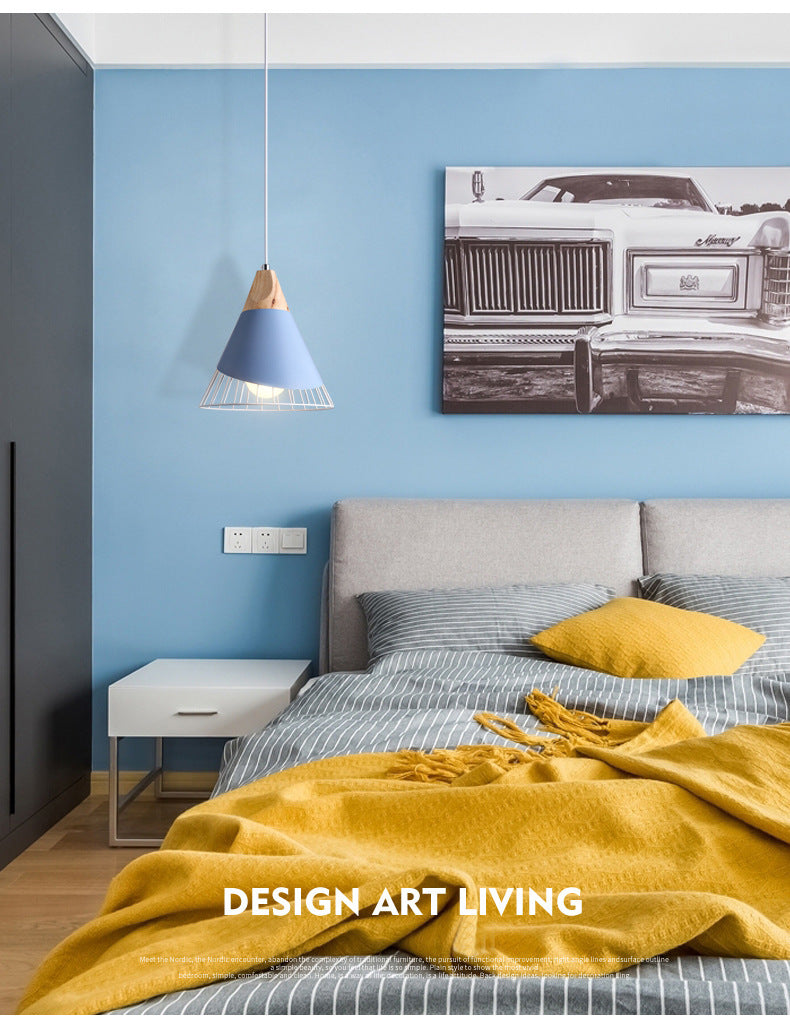 Nordic Solid Wood Macaroon Pendant Lamp With Iron Hollow Shade For Bedroom