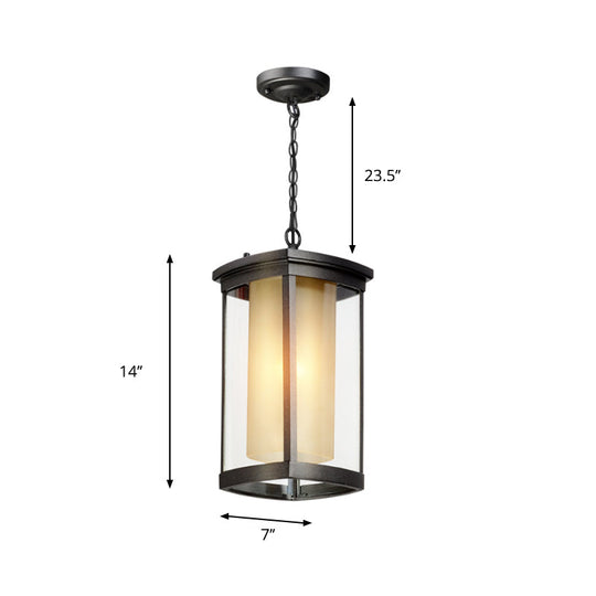 Black Outdoor Pendant Light With Double Glass Shade For Courtyard - 1 Various Widths