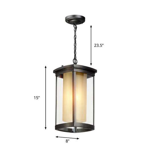 Black Outdoor Pendant Light With Double Glass Shade For Courtyard - 1 Various Widths