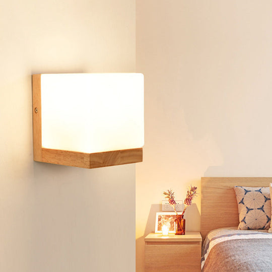 Modern Nordic Cube Led Wall Sconce - Solid Wood Ideal For Bedroom