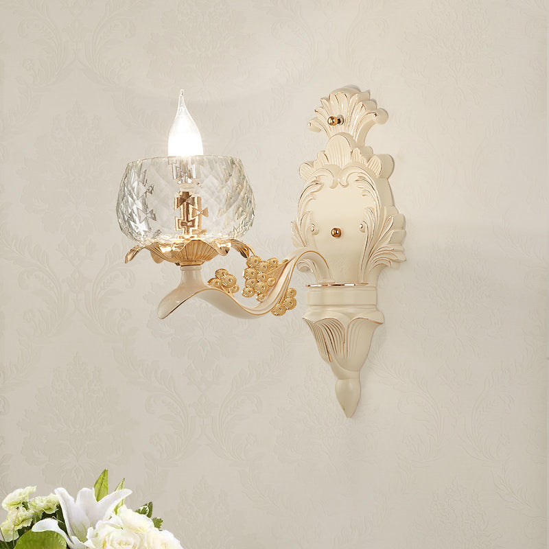 Vintage Carved Arm Wall Sconce With Clear Glass Lampshade - White 1 /
