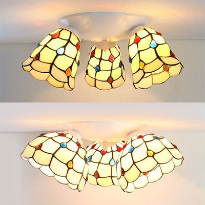 Tiffany Style Domed Ceiling Fixture Stained Glass 3 Lights In Beige - 6’/8’ Wide