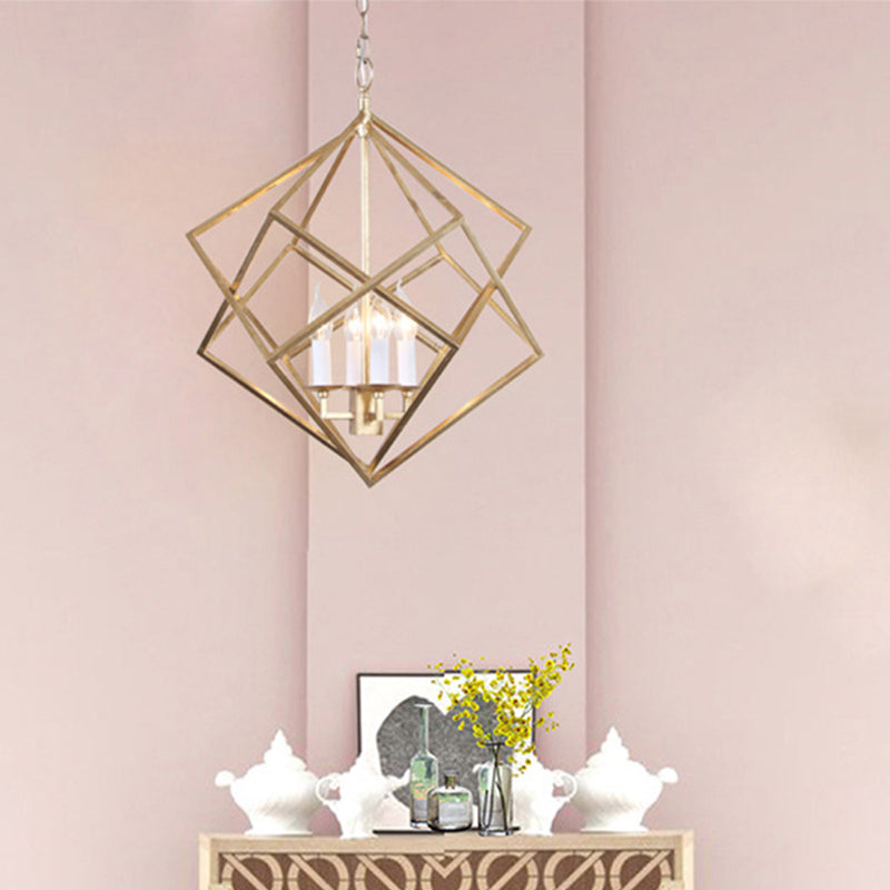Industrial Metal Pendant Light Fixture - Prismatic/Rhombus Cage Shade 4-Light Suspension In Gold