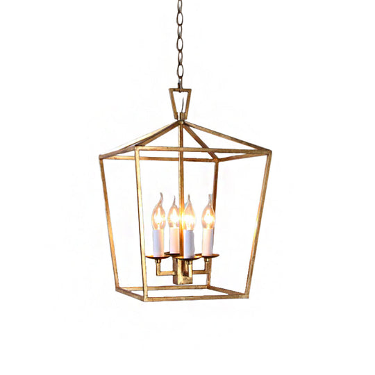 Industrial Metal Pendant Light Fixture - Prismatic/Rhombus Cage Shade 4-Light Suspension In Gold