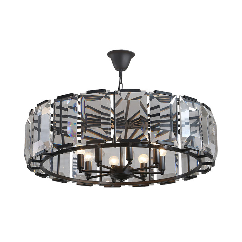 Vintage Black Metal Drum Shade Chandelier With Crystal Block - 18’ Diameter 5/8 Heads Hanging Lamp