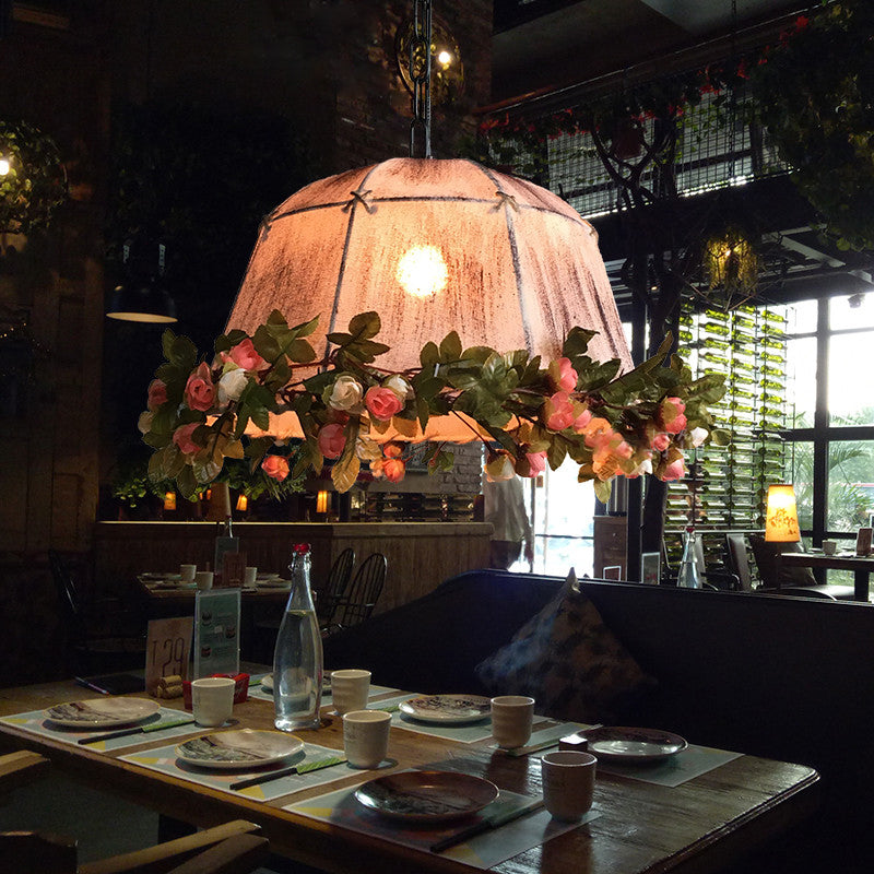 Antique Geometric Hanging Ceiling Light- Distressed White Fabric-1 Light Pendant- For Restaurant