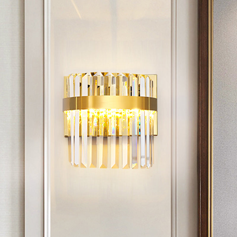 Contemporary Gold Demilune Wall Light - 2 Head Crystal Prism Sconce