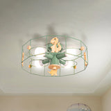 Semi Mount Metal Drum Cage Ceiling Lamp With Dinosaur Decoration - Green Finish 4 Lights