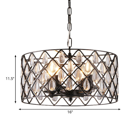 Industrial Black Chandelier With Crystal Drop And Metal Cage: 1/4/6 Pendant Lights