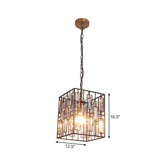 Industrial Metal Pendant Light With Black Cubic Cage & Crystal Accent - Ideal For Restaurants