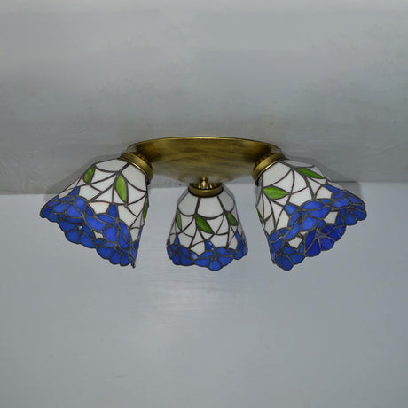 Tiffany Stained Glass Ceiling Light In Pink/Blue/Beige For Bedroom With 3 Conic Heads