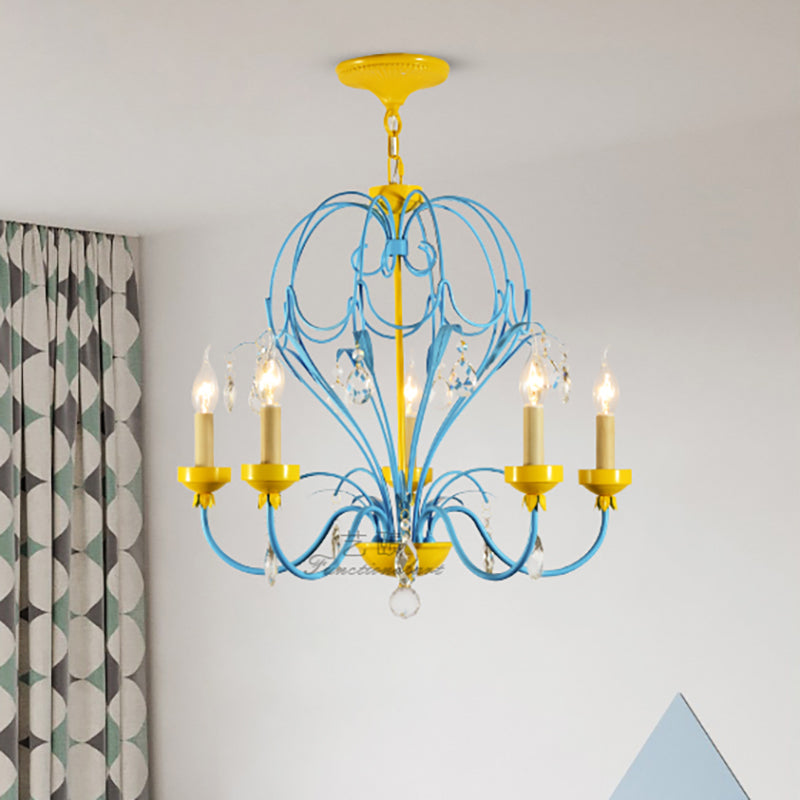 Children’s Macaron Candle Chandelier Lamp With Crystal Drop - Yellow/Blue Metallic Finish 5 Lights