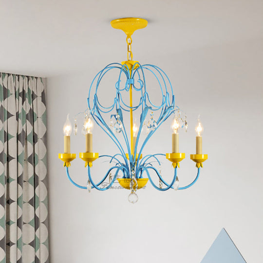 Children’s Macaron Candle Chandelier Lamp With Crystal Drop - Yellow/Blue Metallic Finish 5 Lights