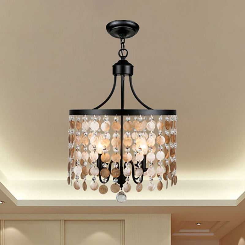 Vintage Round Chandelier Light Metal & Shell | 4-Light Suspension Black For Bedroom