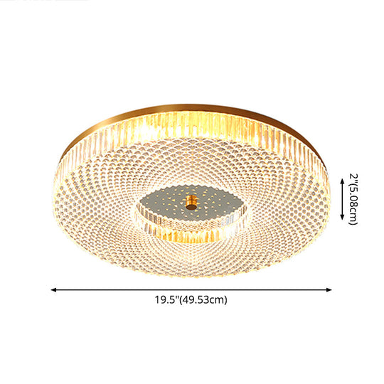 Modern Brass Led Flush Mount Ceiling Light With Crystal Lattice Detail - Minimalist Bedroom Fixture