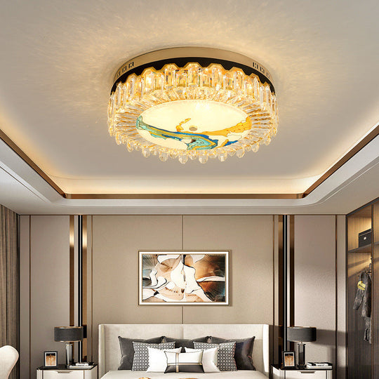 Modern Crystal Block Drum Flush Mount Led Ceiling Light For Bedroom In Brass Finish