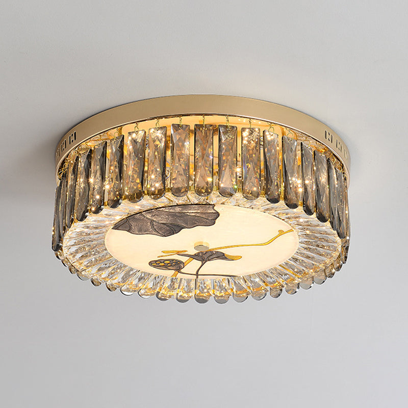 Modern Crystal Block Drum Flush Mount Led Ceiling Light For Bedroom In Brass Finish Smoke Gray