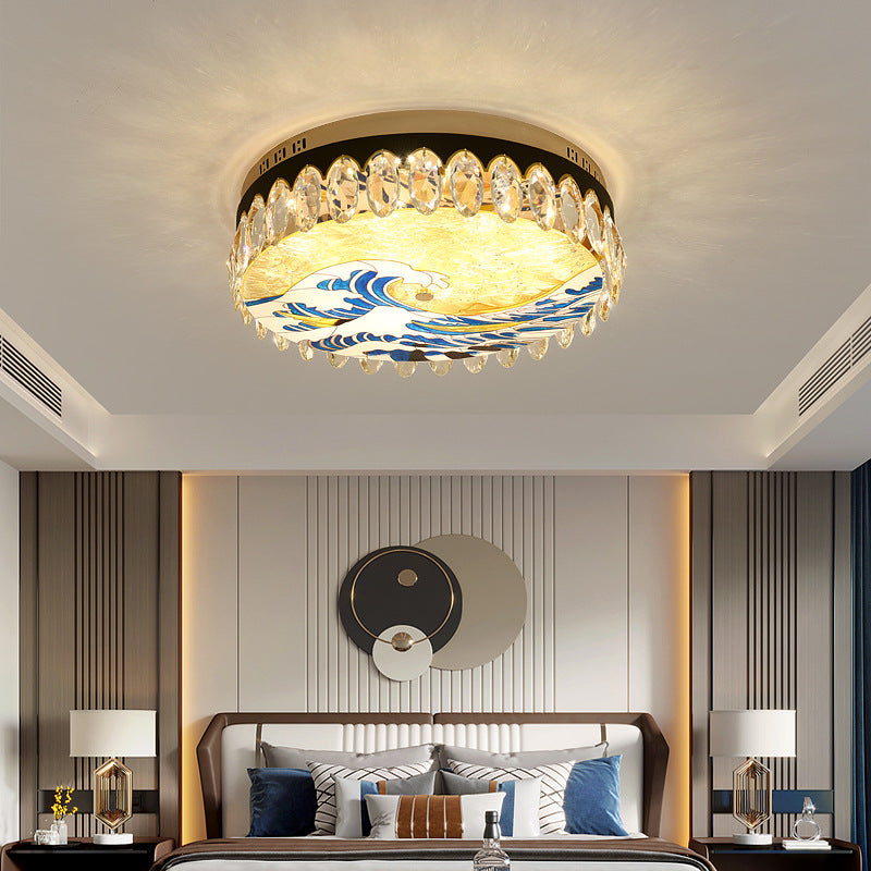 Modern Crystal Block Drum Flush Mount Led Ceiling Light For Bedroom In Brass Finish