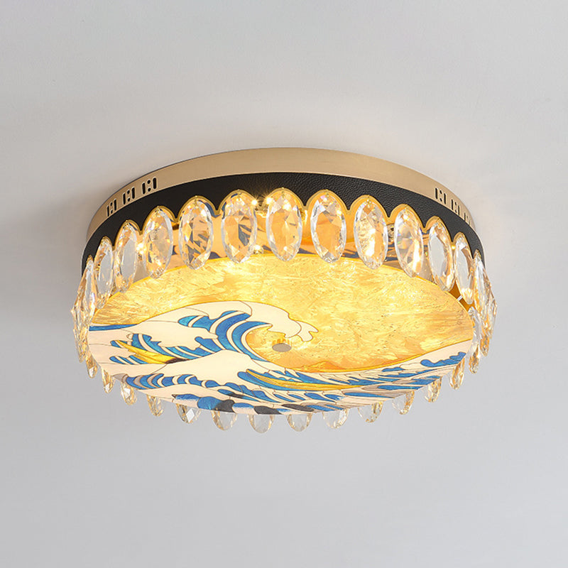 Modern Crystal Block Drum Flush Mount Led Ceiling Light For Bedroom In Brass Finish Ocean Blue