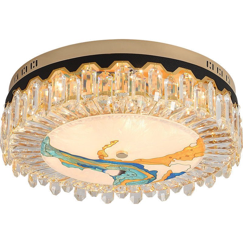 Modern Crystal Block Drum Flush Mount Led Ceiling Light For Bedroom In Brass Finish
