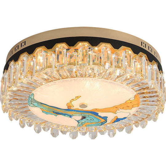 Modern Crystal Block Drum Flush Mount Led Ceiling Light For Bedroom In Brass Finish