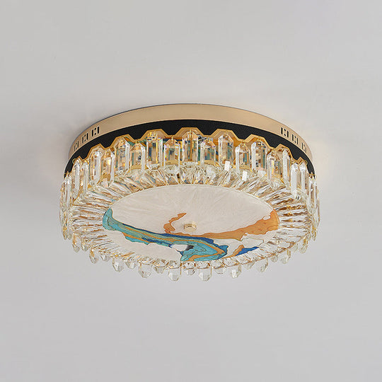 Modern Crystal Block Drum Flush Mount Led Ceiling Light For Bedroom In Brass Finish