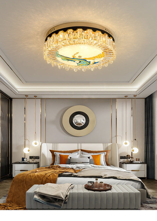 Modern Crystal Block Drum Flush Mount Led Ceiling Light For Bedroom In Brass Finish