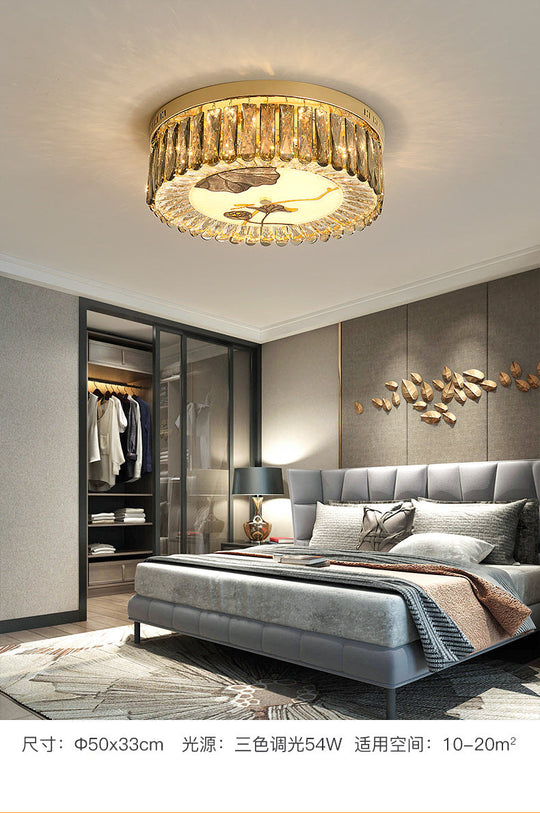 Modern Crystal Block Drum Flush Mount Led Ceiling Light For Bedroom In Brass Finish