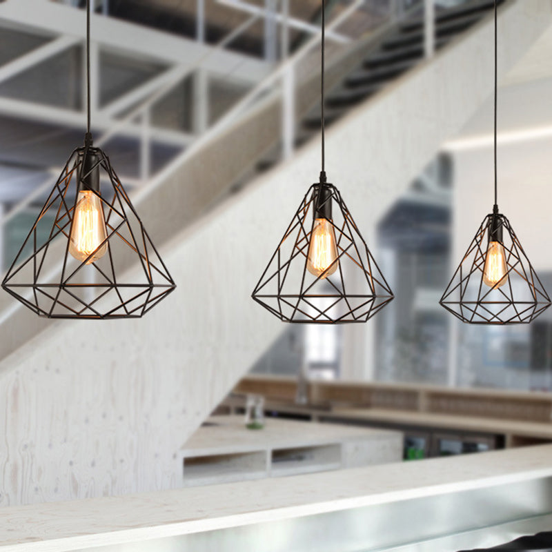 Vintage Metal Diamond Cage Pendant Light For Dinning Room - Black