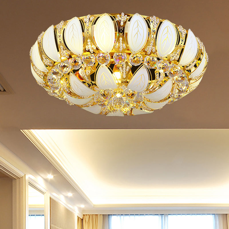 23.5’/31.5’ Contemporary Crystal And Glass Round Flush Ceiling Light With Leaf Pattern In Gold